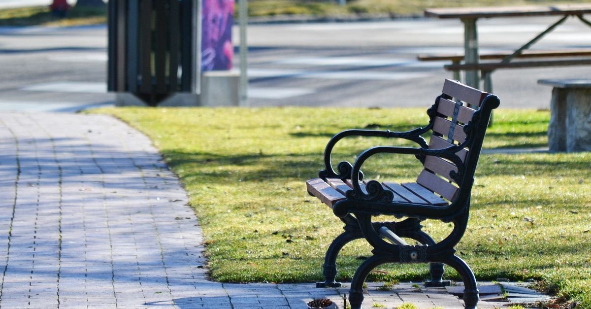 Banco de madeira vazio em calçada de área verde urbana