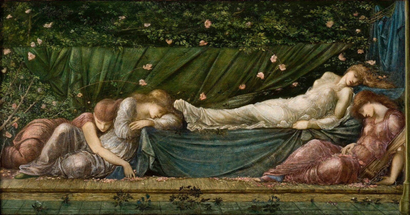 Pintura A Bela Adormecida, de Edward Burne-Jones, com a princesa e damas adormecidas entre roseiras