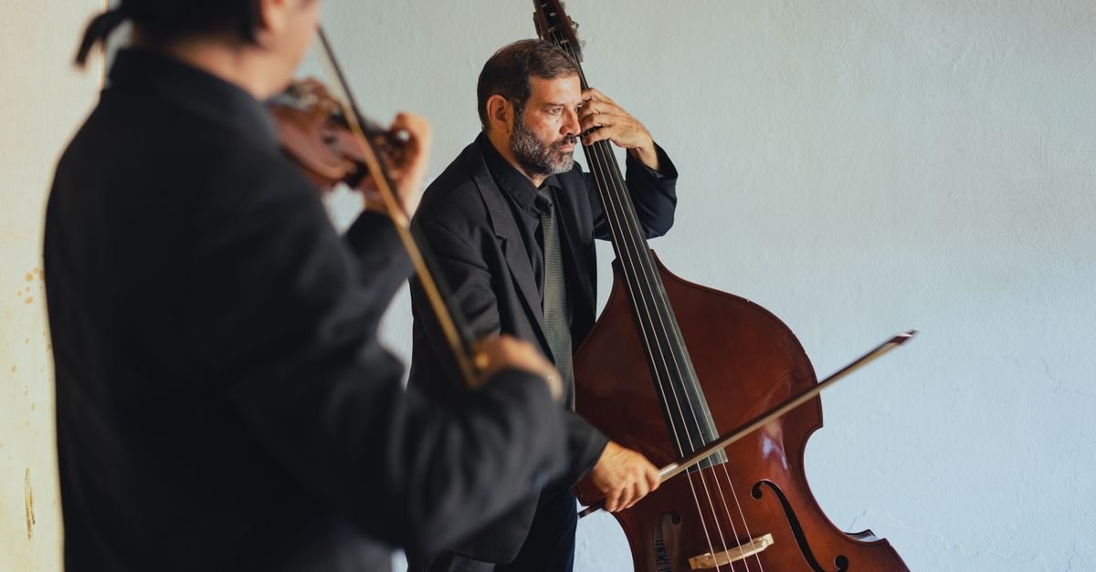 Dois músicos de terno preto tocando violino e contrabaixo em ambiente interno