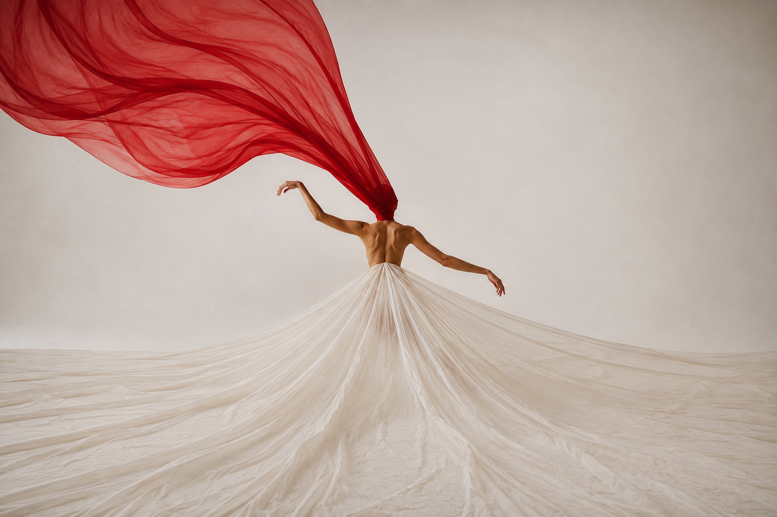 Bailarina de costas movimenta tecidos vermelho e branco durante apresentação de dança contemporânea