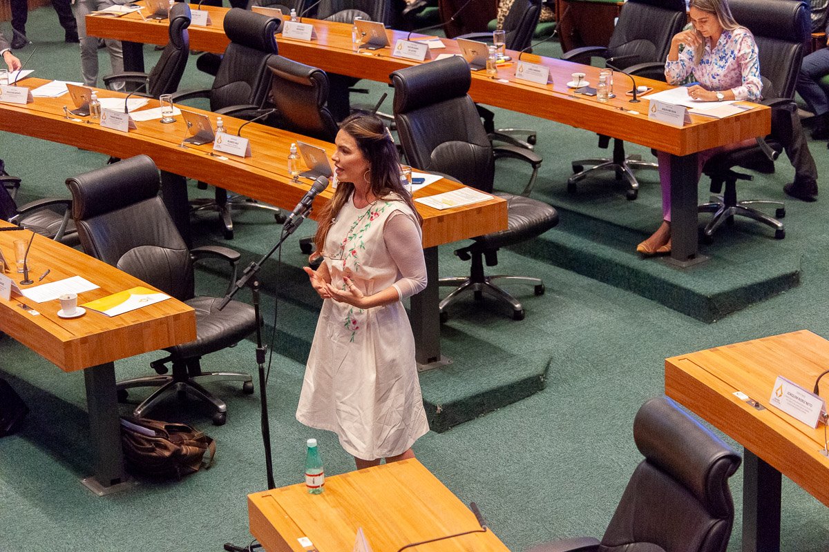 Deputada distrital fala ao microfone no plenário da Câmara Legislativa do Distrito Federal