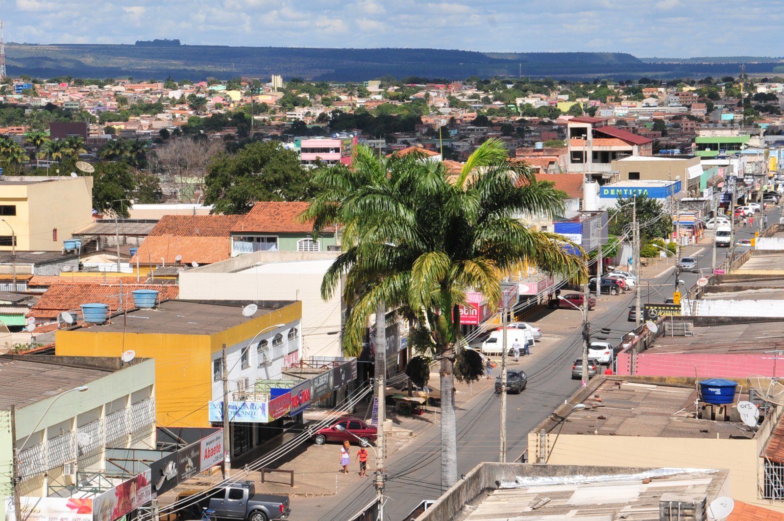 Rua do centro comercial de Planaltina vista do alto, com palmeira em primeiro plano e lojas dos dois lados