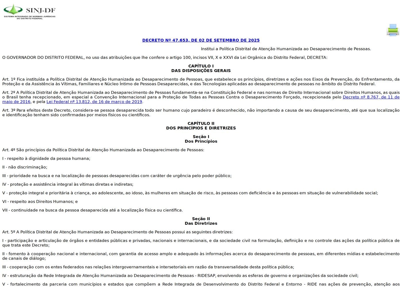 Página do SINJ-DF com o texto do Decreto 47.653, de 2 de setembro de 2025