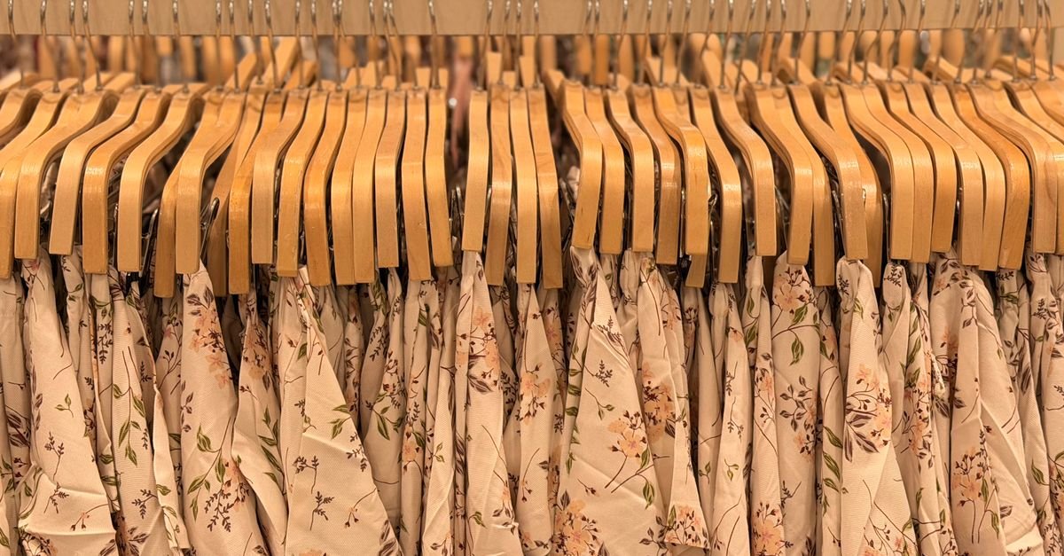 Arara de loja com vestidos de estampa floral pendurados em cabides de madeira