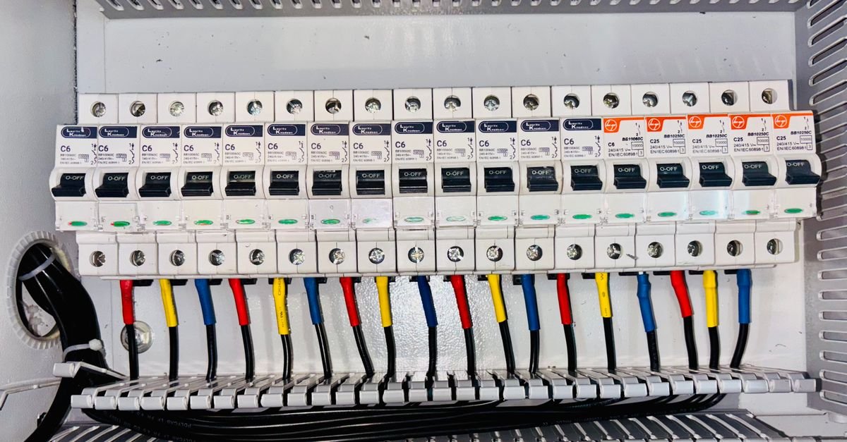 Painel eletrico com fileira de disjuntores e cabos coloridos