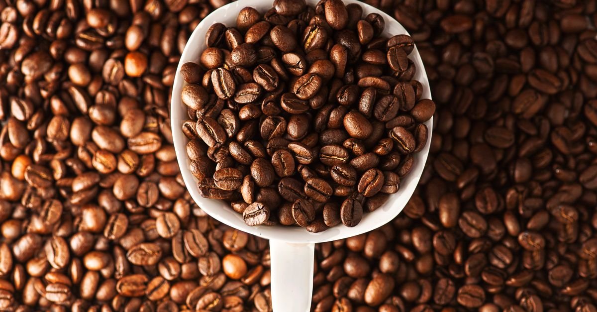Grãos de café torrados dentro de uma concha branca sobre camada de mais grãos