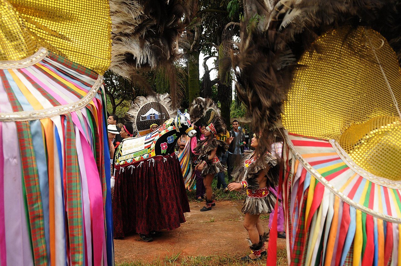 Brincantes com chapéus de fitas coloridas e penachos dançam ao redor do boi bordado em apresentação de cultura popular ao ar livre em Brasília
