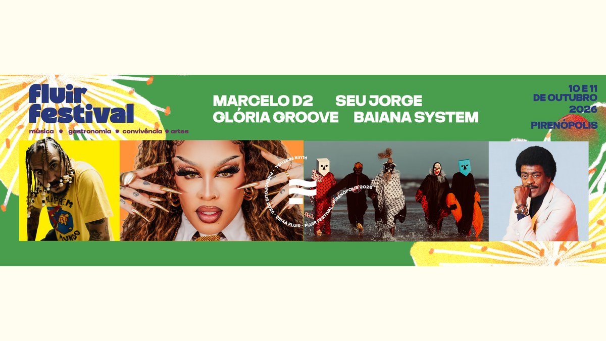 Arte oficial do Fluir Festival com os nomes Marcelo D2, Seu Jorge, Glória Groove e Baiana System e as datas 10 e 11 de outubro