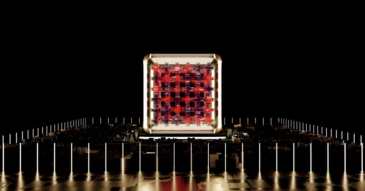 Representacao abstrata de um processador digital iluminado sobre fundo escuro