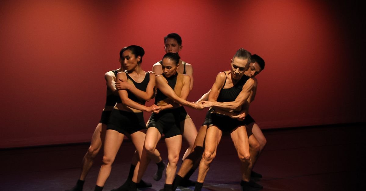 Grupo de bailarinos em movimento durante apresentação de dança contemporânea no palco