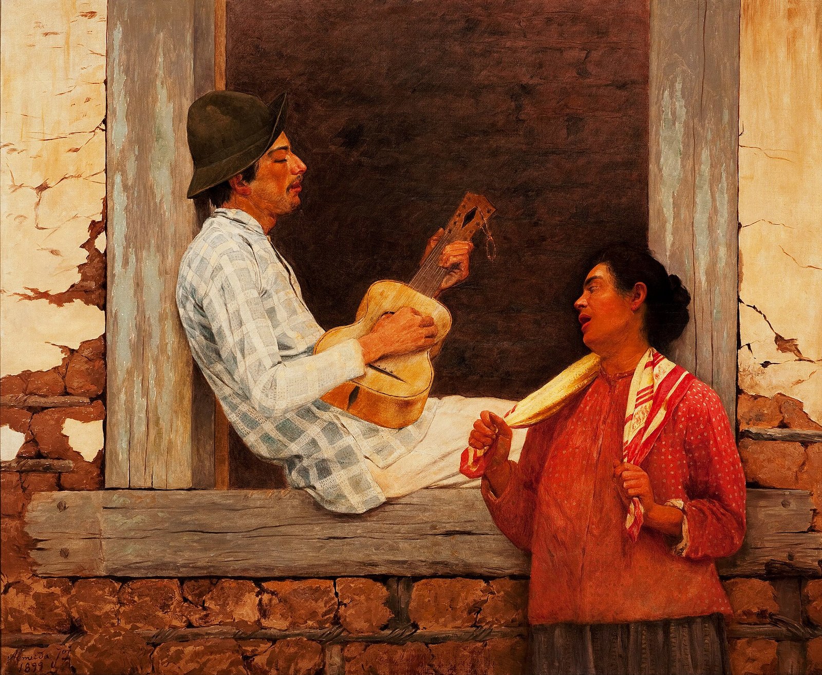 Pintura O Violeiro, de Almeida Júnior, mostra homem tocando viola sentado em janela de casa rural