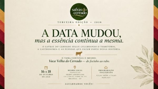 Arte oficial do Safras do Cerrado anuncia a mudança de data para 16 a 18 de outubro de 2026
