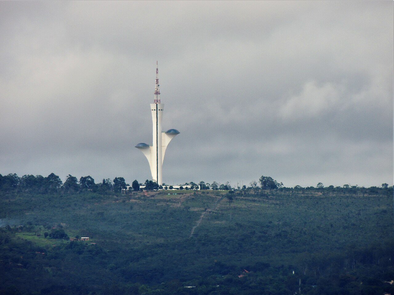 Torre de TV Digital de Brasília vista à distância, com vegetação do cerrado em primeiro plano