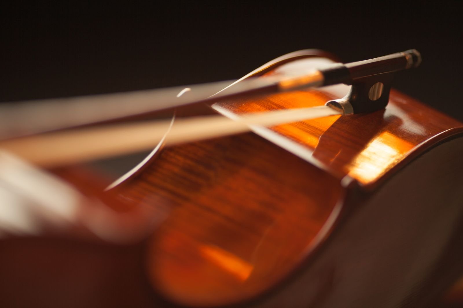 Close do arco sobre o cavalete de um violino, em luz quente e fundo escuro (foto de arquivo)