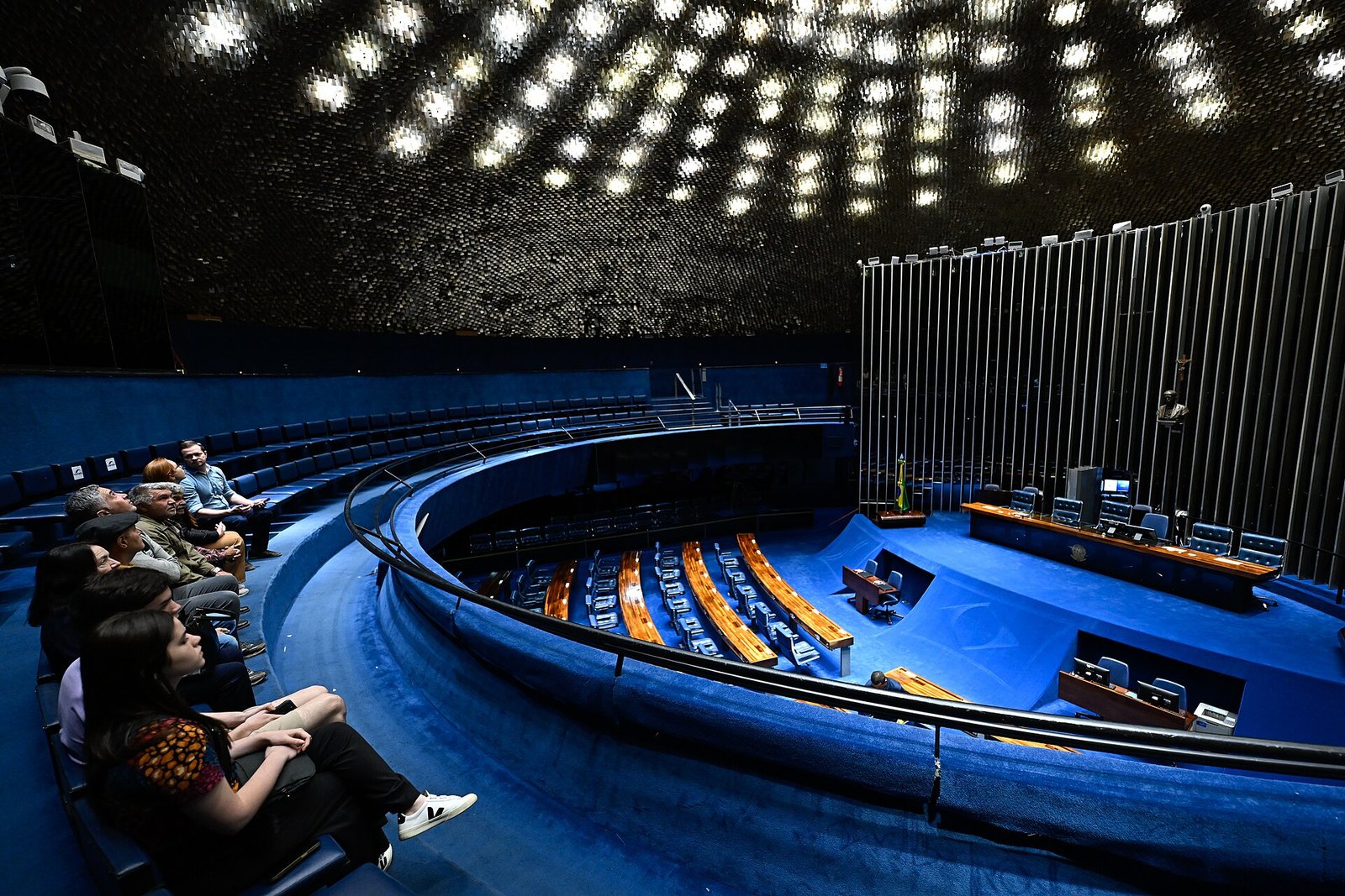 Grupo de visitantes na galeria do plenário do Senado observa o salão azul e a cúpula por dentro