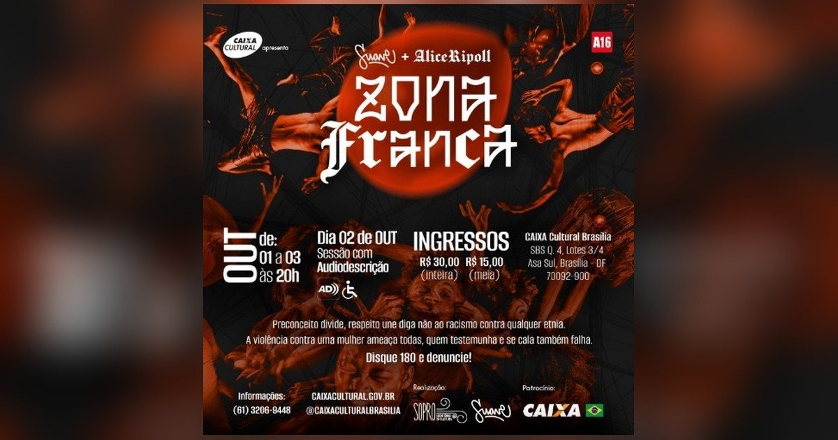 Arte oficial do espetáculo Zona Franca com datas 01 a 03 de outubro, 20h, e preços dos ingressos
